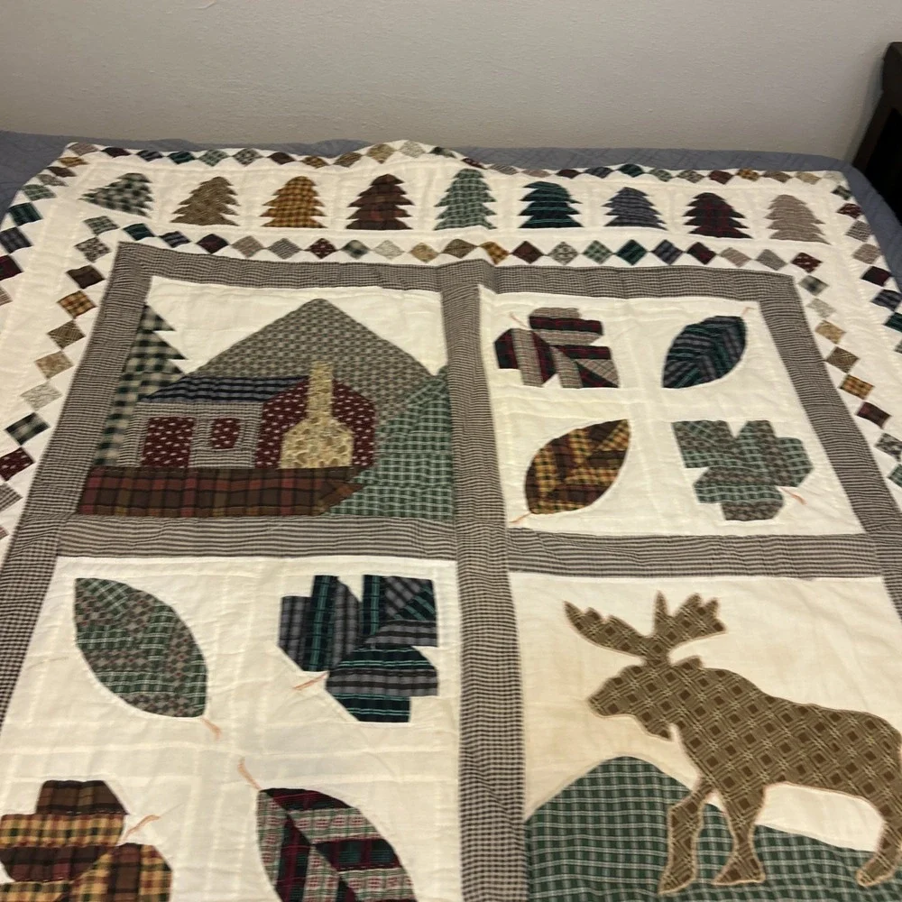 Patch‎ Magic North Woods Cabin Moose Applique Patchwork Quilt Throw 47x55